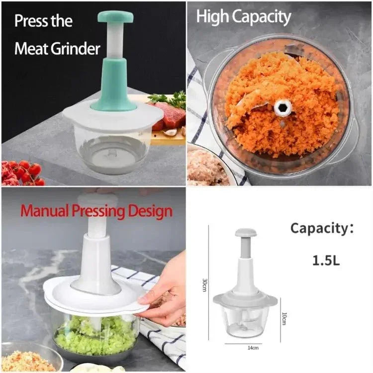 Manual 1.5L food chopper with hand press, vegetable and meat cutter, clear bowl design.