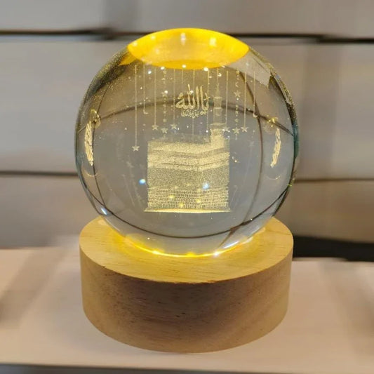 Crystal ball night lamp with Kaaba engraving, Islamic table light on wooden base