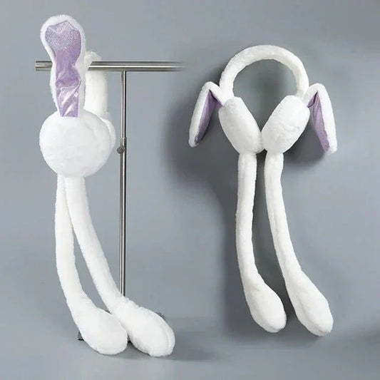 White plush rabbit earmuffs hat for kids with long ears and purple inner lining