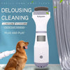 Electric pet grooming comb for dogs and cats, white with display, shown near a golden retriever