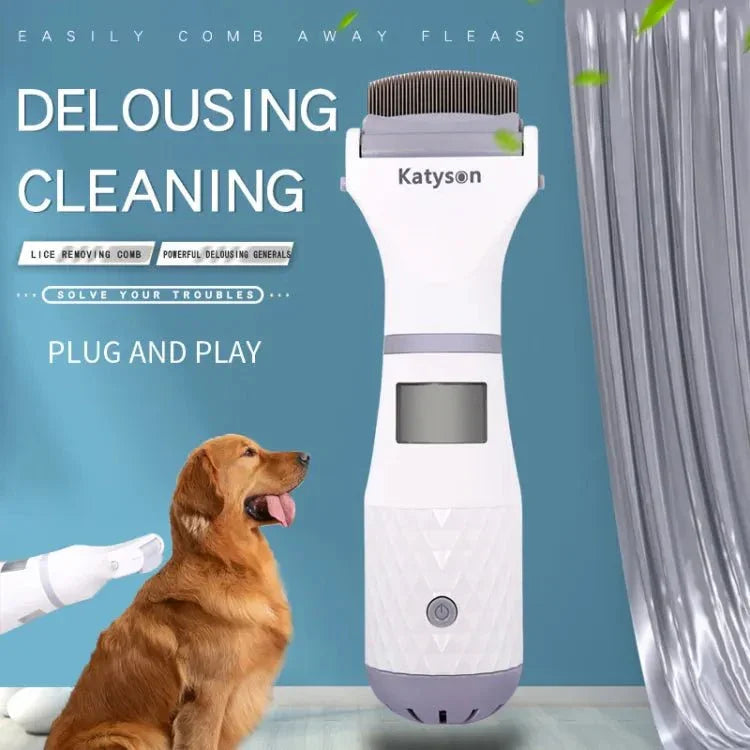 Electric pet grooming comb for dogs and cats, white with display, shown near a golden retriever