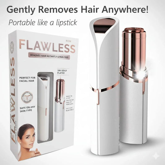 18K gold-plated facial hair remover with LED light, white and rose gold, shown with packaging.