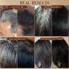 Before and after results of hair dye comb, showing grey to black hair coverage, natural finish, and water resistance.