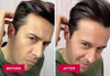 Before and after images showing a man covering grey hair with hair dye comb for mess-free application.