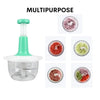 Manual hand push chopper for vegetables and meat with multiple chopped food samples displayed.