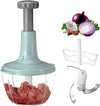 Manual hand push food chopper with interchangeable blades, grinding meat, onions, and garlic.