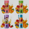 Portable mini 6-blade juicer blenders in pink, green, purple, and blue with assorted fruits.
