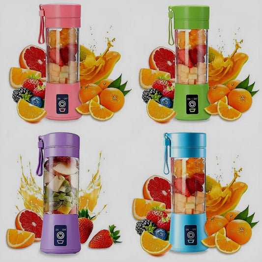 Portable mini 6-blade juicer blenders in pink, green, purple, and blue with assorted fruits.