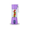 Purple portable mini 6-blade juicer blender with fruits inside, rechargeable and compact design