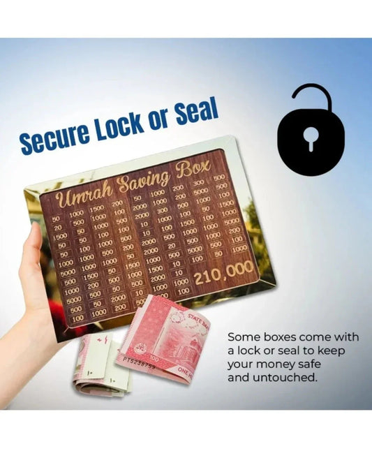 Wooden Umrah saving box with lock, goal tracking chart, and Pakistani currency notes.